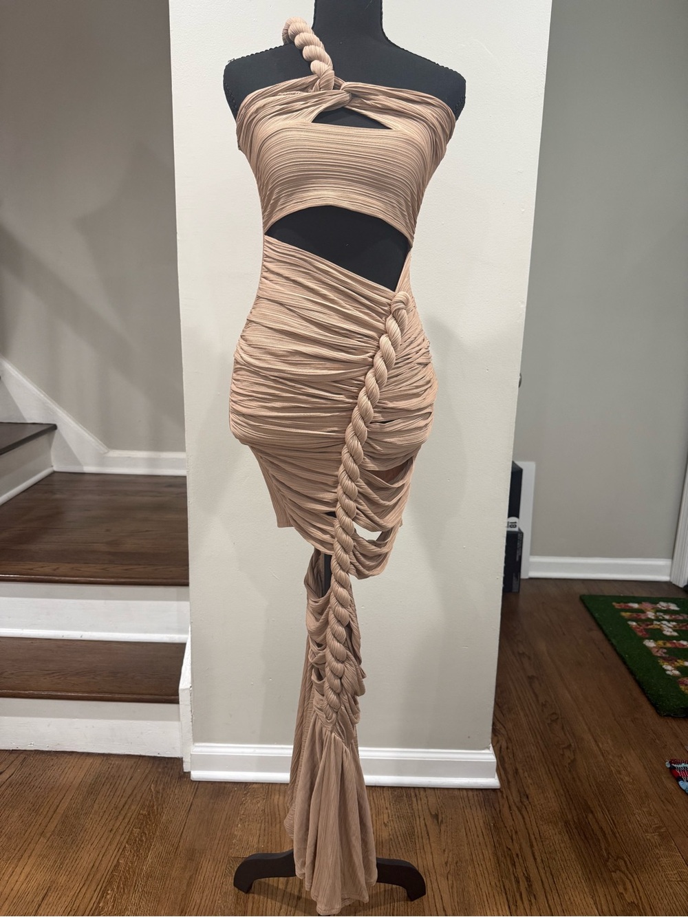 Fashion Nova One-Shoulder Twisted Strap Bodycon Dress in Beige